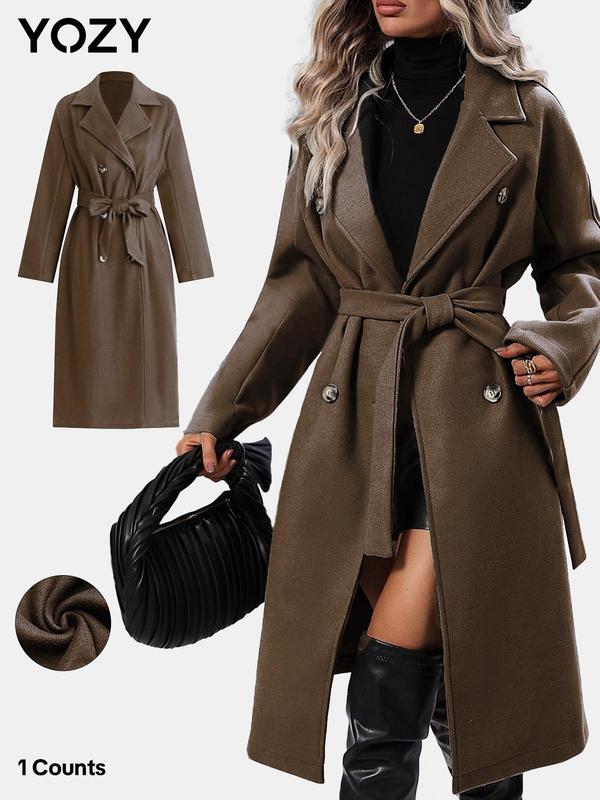 YOZY Black Friday Deals Women's Solid Double Button Belted Overcoat, Casual Jackets, Long Sleeve Lapel Coat for Fall & Winter, Women's Clothing for Daily Wear, Black Friday Haul, Christmas 2024 Trend, Thanksgiving Clothes, Fall Clothes, Winter Clothes