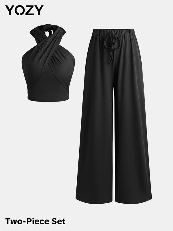 Black Friday Deals YOZY DIY Strappy Crop Top & Elastic Waist Pants Set  Elegant Solid Backless Top & Ribbed Wide Leg Pants Set, 2024 Women's Outdoor Holiday Wear for Christmas 2024 Trend,Thanksgiving Outfits,Fall Outfits,Winter Outfits