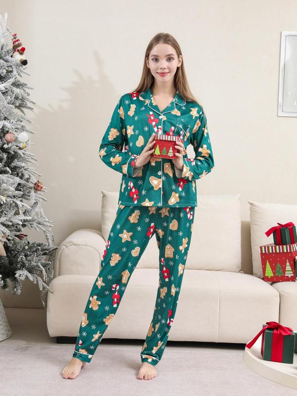 Couple's Christmas Print Button Front Pocket Pajama Two-piece Set, Casual Comfy Long Sleeve Top & Elastic Waist Pants Pj Set, Couple's Sleepwear for Spring & Fall