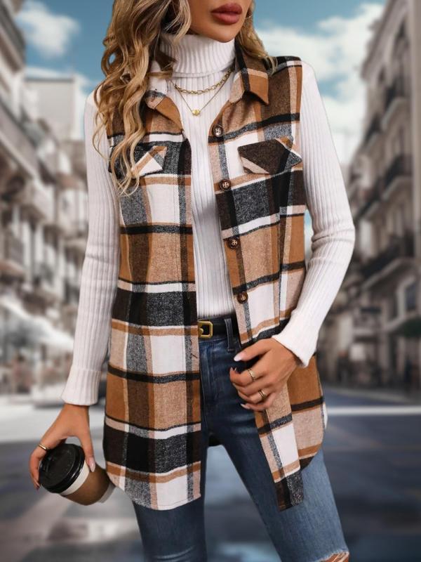 Women's Plaid Print Button Front Collar Waistcoat, Casual Flap Detail Vest Outerwear, Women's Fall & Winter Clothes for Daily Wear