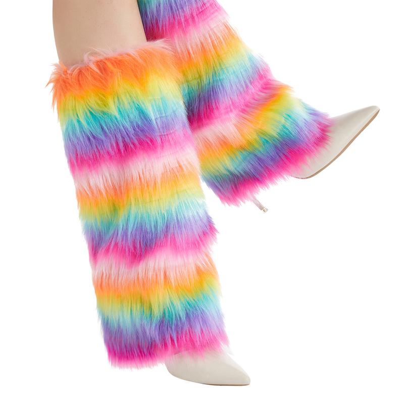 Women's Faux Fur Leg Warmers Rainbow Fuzzy Boot Covers Cuff Colorful Leg Warmers 2024 Fashion Halloween Costume Accessory