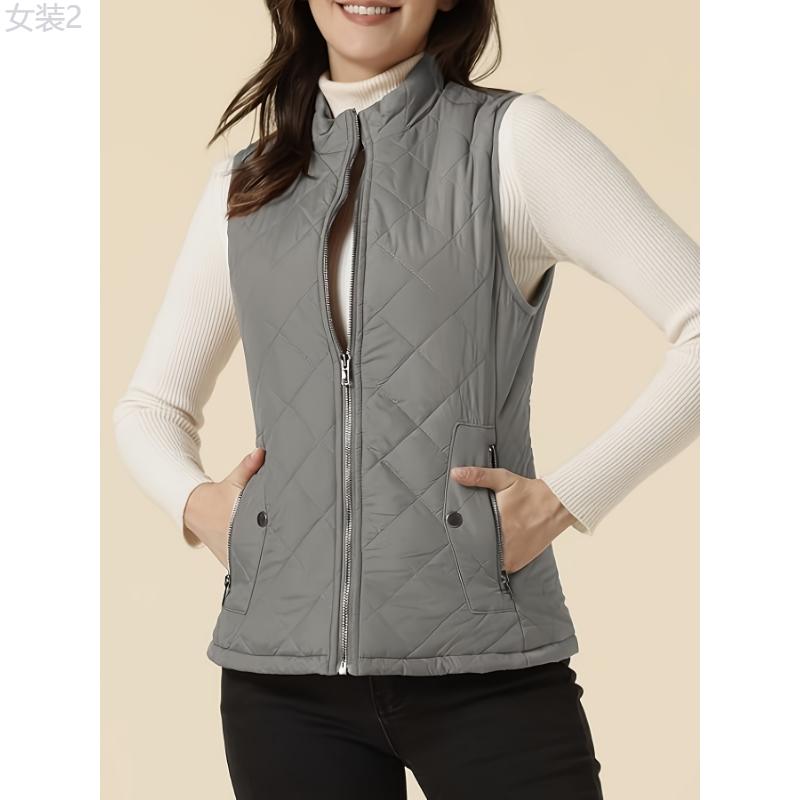 Argyle Pattern Sleeveless Vest - Casual Zip Up Solid Vest - Women's Clothing - Stylish & Comfortable - For Casual Wear - Perfect Gift for Fashionable Women  Collar Fabric Womenswear Polyester  Tops Gamis  Elegant Basic