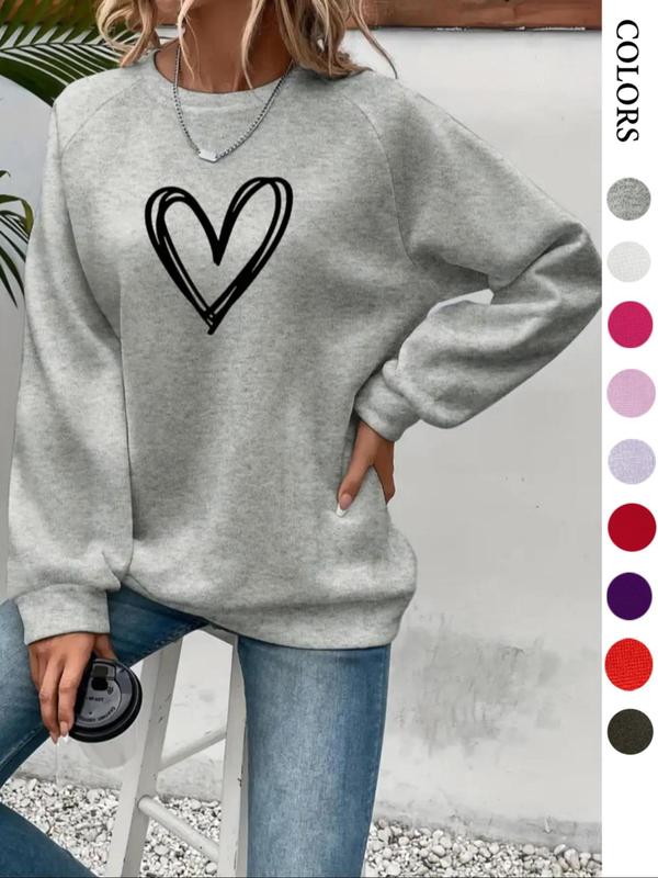 Women's Heart Print Long Sleeve Crewneck Sweatshirts, Lady Casual Raglan Sleeve Round Neck Pullover, Lady Tops Clothes for Daily Wear, Sweatshirts for Women, Comfort Womenswear