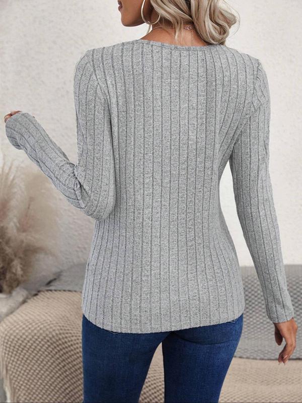 Women's Plain Asymmetrical Hem Button Detail Ribbed Tee, Casual Long Sleeve Round Neck T-shirt for Spring & Fall, Women's Top for Daily Wear