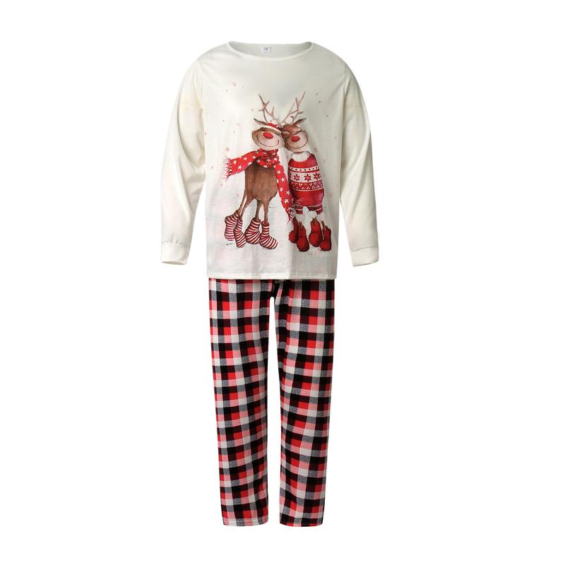 Matching Christmas Pajamas For Family, Cartoon Elk Plaid Pattern Elastic Waist Parent-child Clothing