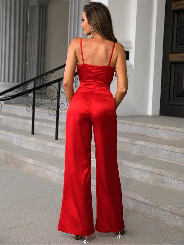 Women's Plain Ruched Backless Wrap Cami Jumpsuit, Elegant Solid Sleeveless High Waist Flare Leg Jumpsuit For Party Vacation, Ladies Summer Clothes Christmas