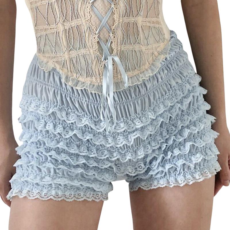 Women Summer Floral Lace Shorts Casual Ruffled Elastic Waist Short Pants for Beach Nightclub Streetwear