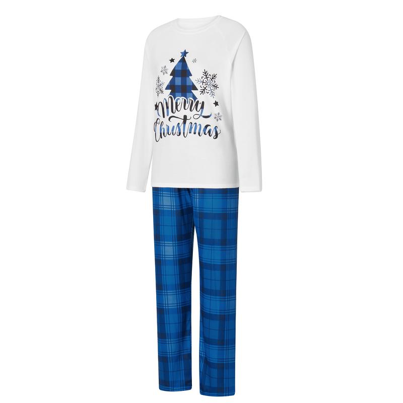 Blue White Matching Christmas Pajamas For Family, Christmas Tree Letter Print Long-Sleeved Tops + Plaid Trousers Sleepwear Outfits