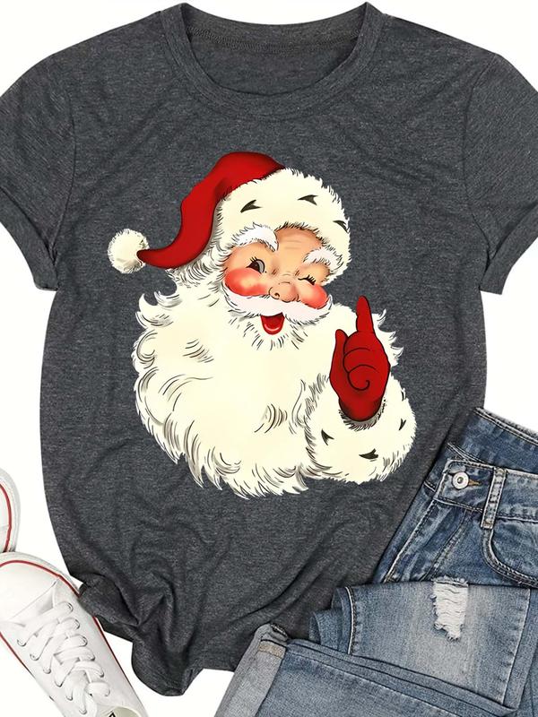  Santa Claus Print Round Neck Tee, Casual Short Sleeve Crew Neck T-shirt for All Seasons, Women's Clothing for Daily Wear