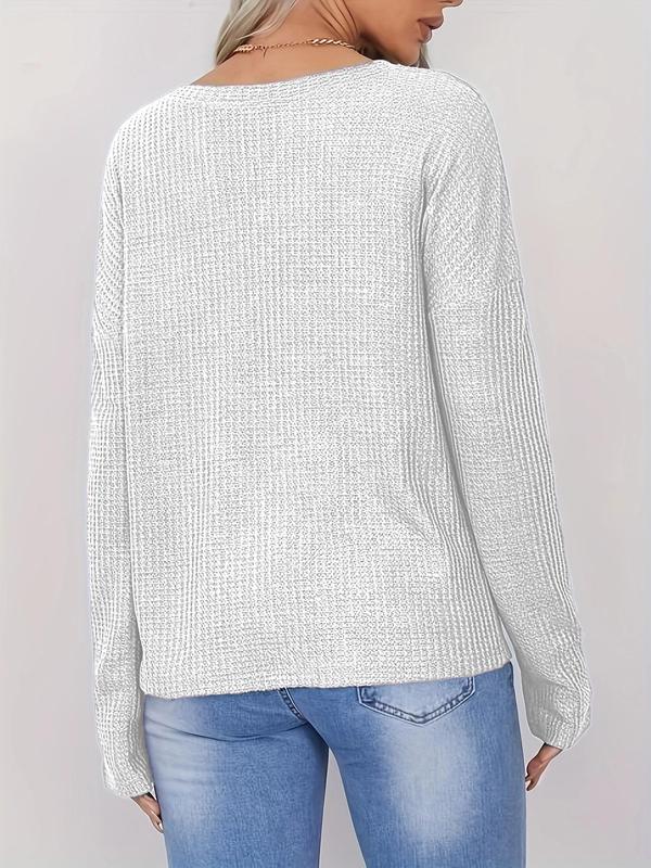  Solid Notched Neck Knit Top, Casual Long Sleeve Pocket Top for Fall & Winter, Sweaters for Women, Women's Clothing for Daily Wear