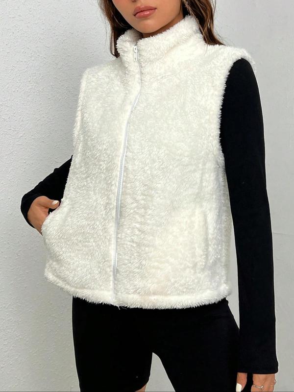 Women's Solid Zip Up Fuzzy Vest Jacket, Casual Fashionable Plush Sleeveless Outerwear for Daily Outdoor Wear, Women Clothing for Fall & Winter