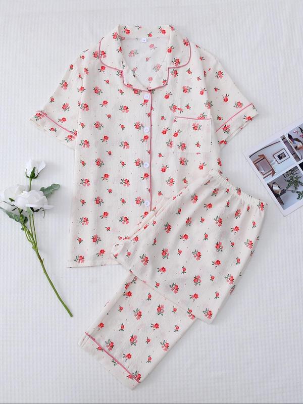 Women's Heart Print Pajama Set, Casual Short Sleeve Button Front Lapel Shirt & Pants Pj Set, Summer Wear 2024, Summer Clothes, PJs Lounge Set, Pajama Sets Women, Please Purchase One Or Two Size Up