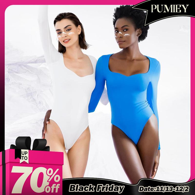 PUMIEY Sweetheart Neck Long Sleeve Bodysuit Snap Closure Womenswear skims Tops Underwear Lady Comfort Longsleeves Basic Minimalist bodysuit  chanclas candice  swanepoel