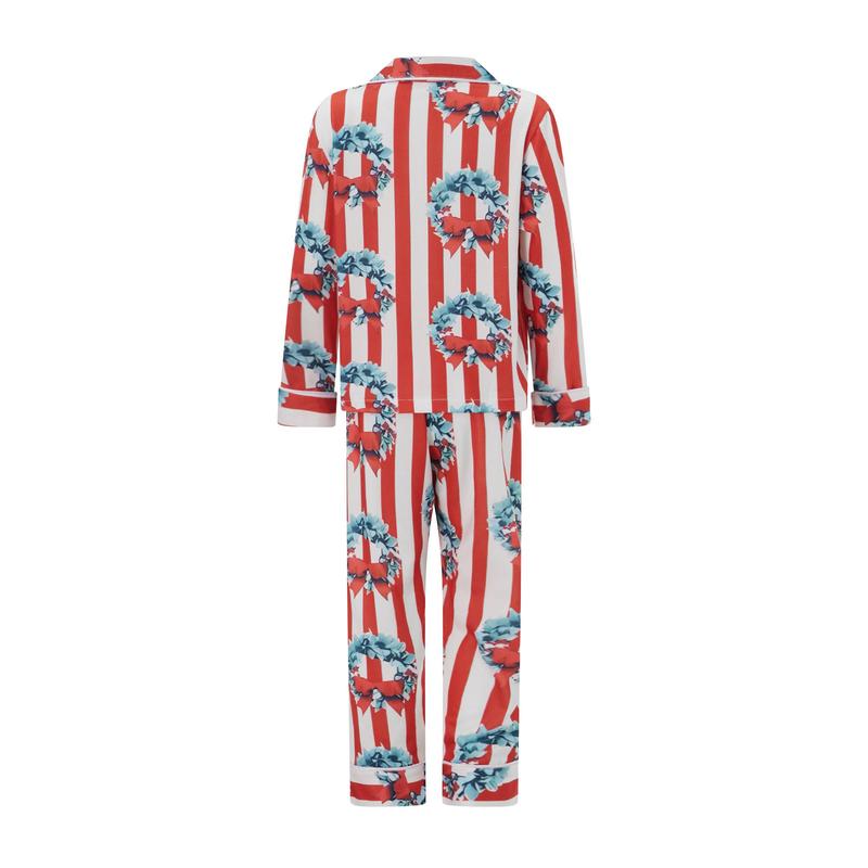 Red Matching Christmas Pajamas For Family, Striped Bow Wreath Print Long Sleeve Button Down Tops Elastic Waist Pants