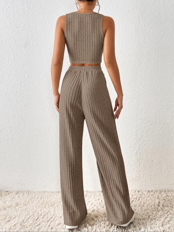 Women's Solid Color Ribbed Crop Tank Top & Wide Leg Pants Two-Piece Set, Casual Sleeveless Round Neck Top & Elastic Waist Trousers for Daily Wear, Ladies Outfits for All Seasons