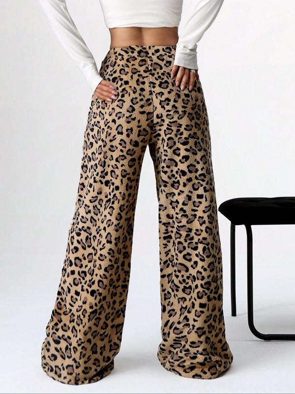 Women's Leopard Print Bow Decor Elastic Waist Wide Leg Pants, Casual Comfy Plush Trousers for Daily Wear, Ladies Bottoms for Fall & Winter