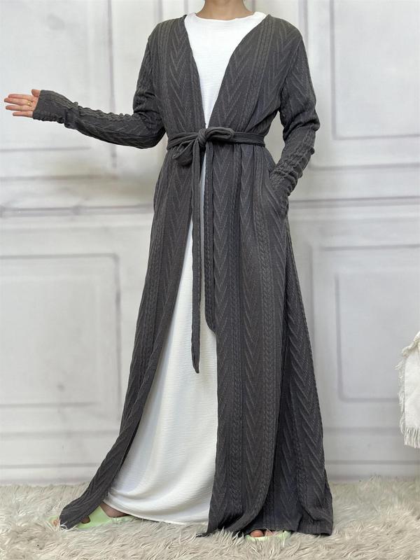 Women's Solid Textured Belted Lounge Robe, Casual Long Sleeve Pocket Dressing Gown, Ladies Fall & Winter Sleepwear Longsleeves