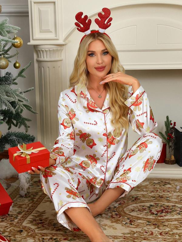 Christmas Two-piece Set Women's All Over Print Button Front Pocket Shirt & Elastic Waist Pants Satin Pyjama, Casual Comfy Long Sleeve Lapel Top & Trousers Pj Set, Ladies Sleepwear for Spring & Fall