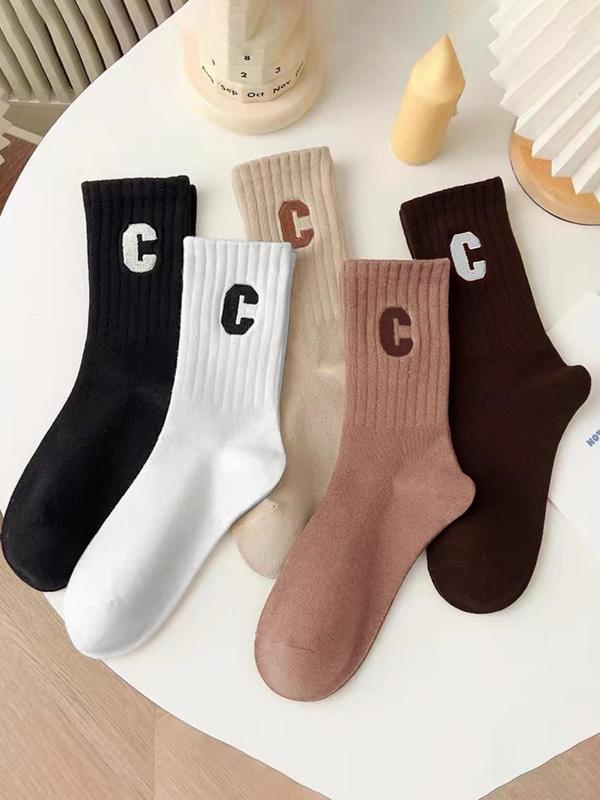 Women's 5 Pairs Letter Patched Crew Socks, Casual Soft Comfy Breathable Socks for Daily Outdoor Wear, Women Socks for All Seasons