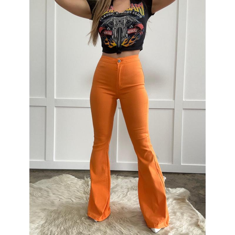 Fiona High Waisted Bell Bottom Flare Jeans - Orange