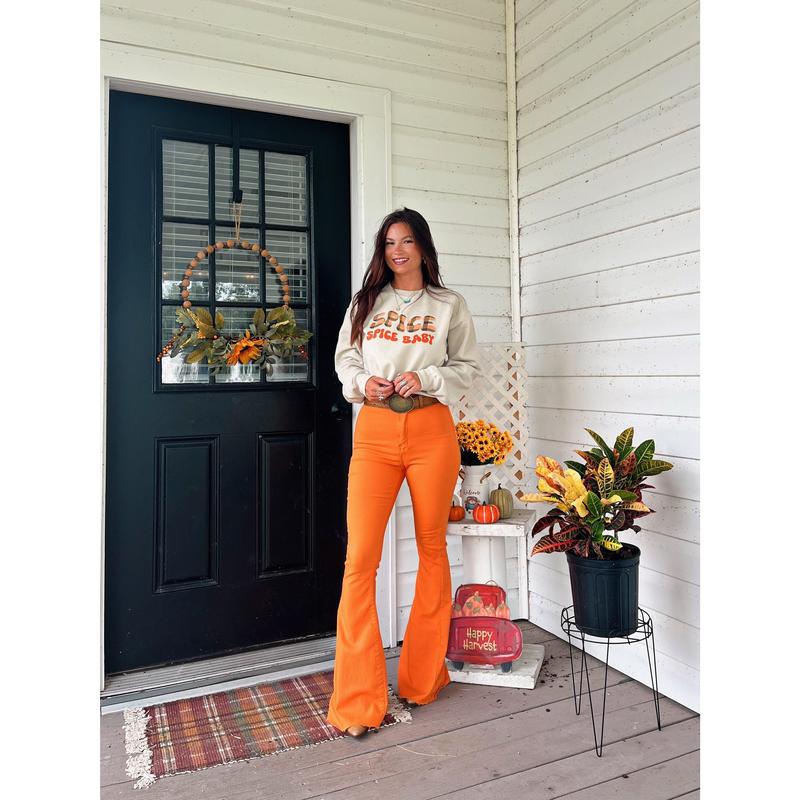 Fiona High Waisted Bell Bottom Flare Jeans - Orange