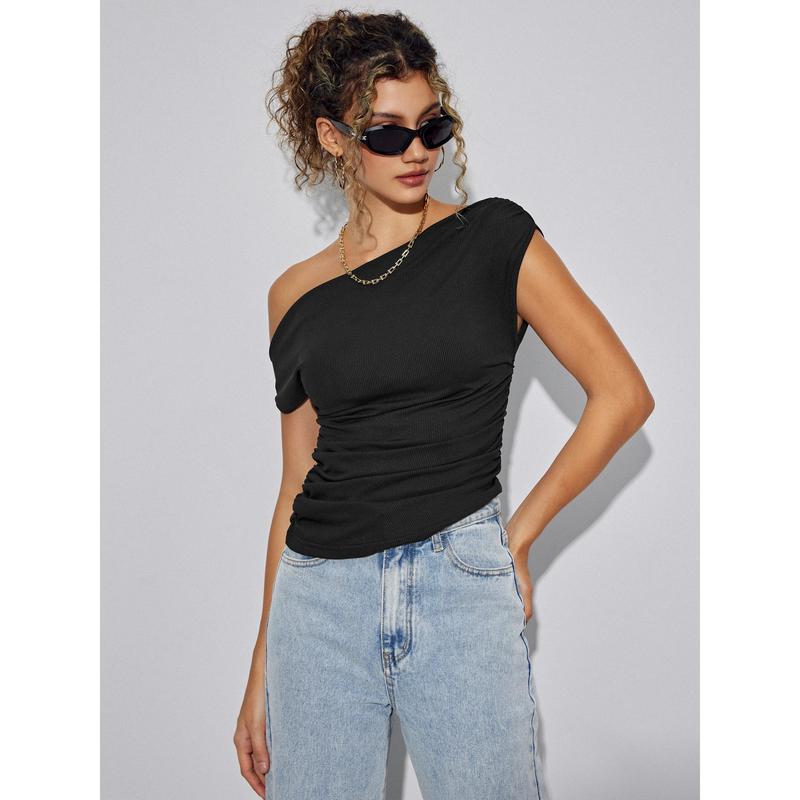 Cider [4 colors, size 0-26] Asymmetrical Neck Ruched Crop Top