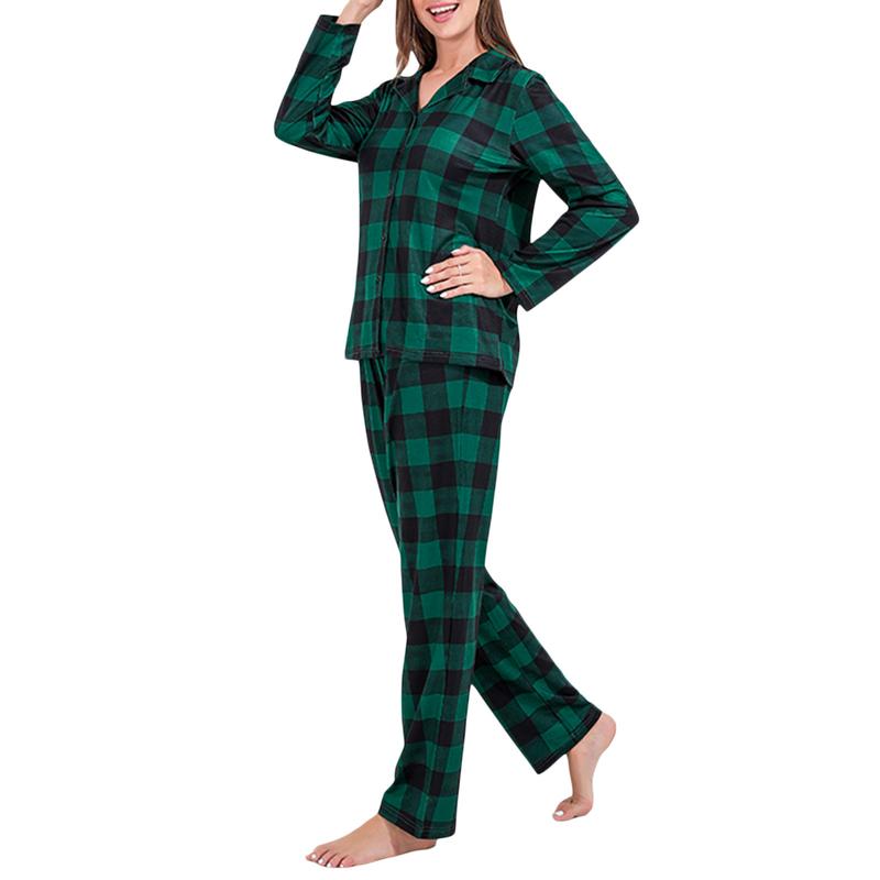 Family Christmas Pajamas Matching Sets, Long Sleeve Plaid Shirt with Elastic Waist Pants