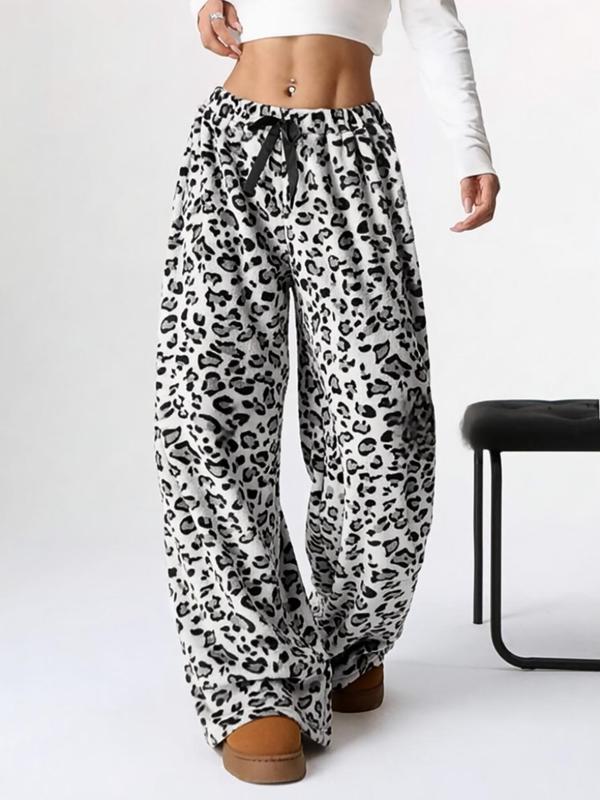 Women's Leopard Print Bow Decor Elastic Waist Wide Leg Pants, Casual Comfy Plush Trousers for Daily Wear, Ladies Bottoms for Fall & Winter