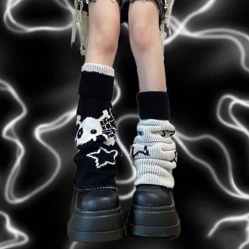 Gothic  Print Two Side Wear Knitted Leg Warmers Socks Y2k Star Punk Girls   Streetwear Leg Cover