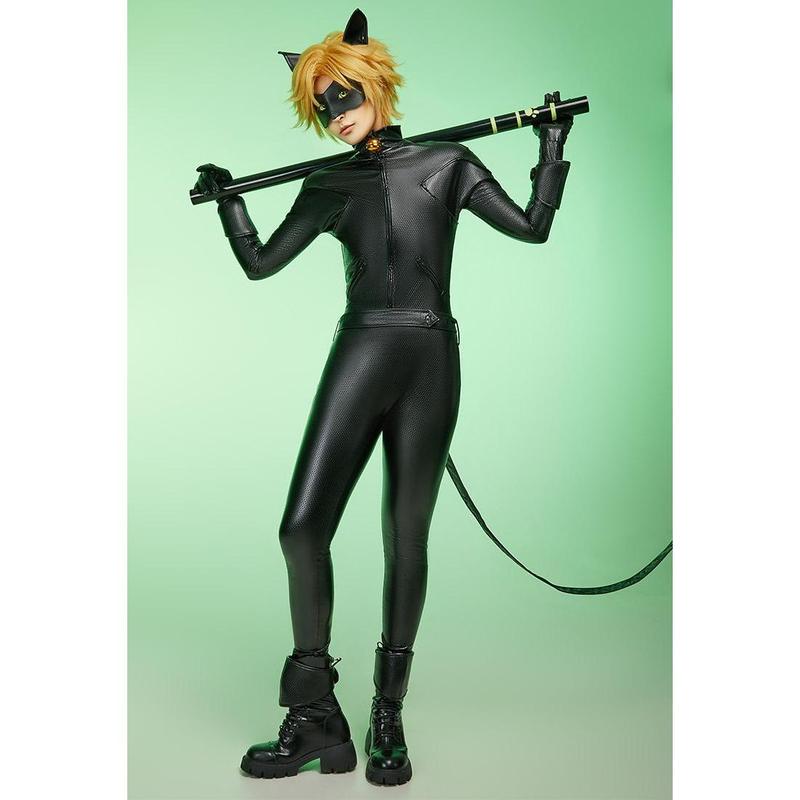 Miraculous Cat Noir Elastic Leather Jumpsuit Halloween Cosplay Costume Set Unisex Adult