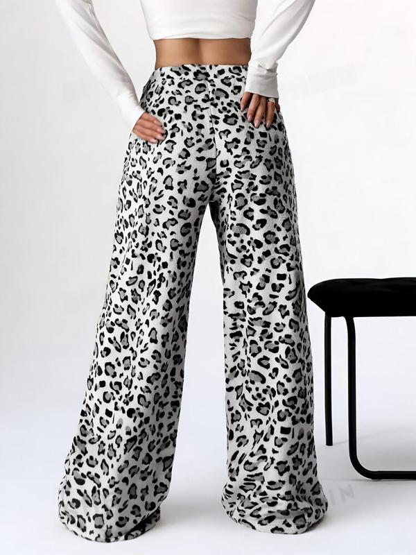 Women's Leopard Print Bow Decor Elastic Waist Wide Leg Pants, Casual Comfy Plush Trousers for Daily Wear, Ladies Bottoms for Fall & Winter