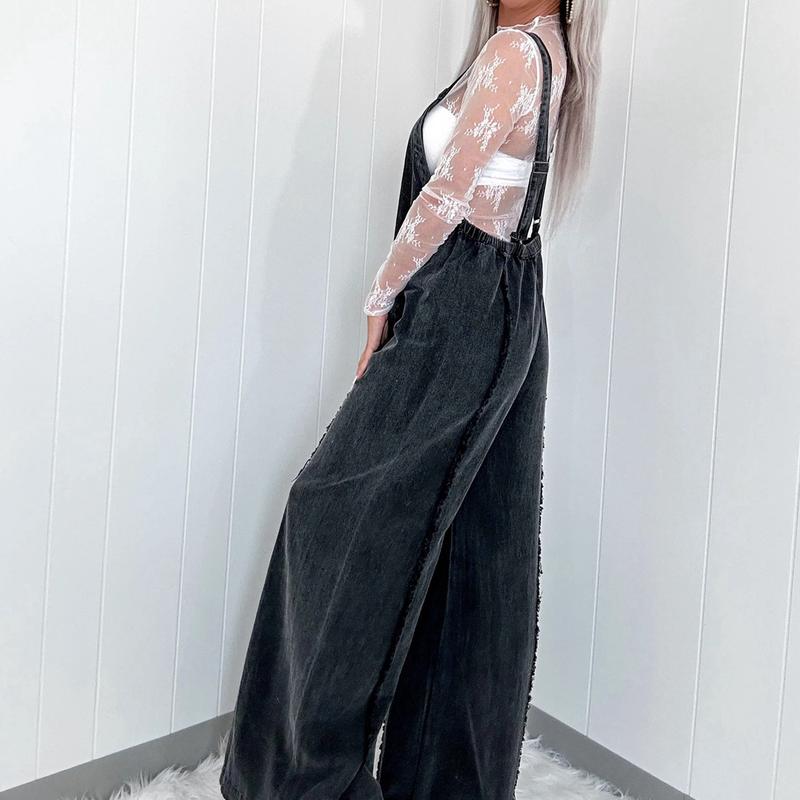 Women Denim Overalls Loose Vintage Washed Raw Trim Square Neck Open Back Sleeveless Wide Leg Jumpsuit