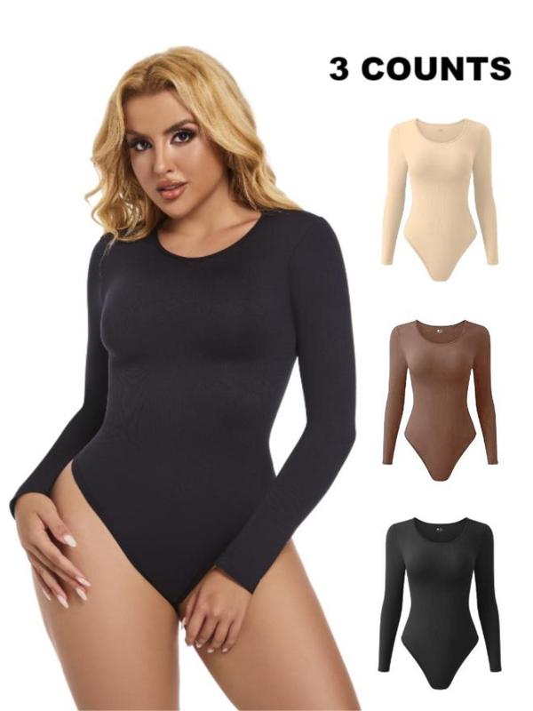 Women's Solid Color Round Neck Long Sleeve Shapewear Bodysuit, Tummy Control Butt Lifting Button Closure Crotch Shaper, Body Shapewear, Ladies Shapewear for All Seasons, Fall Wear, Fallfreshness Clothes Shaper Clothes