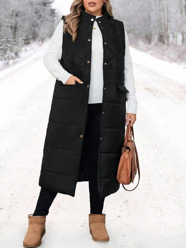  Solid Button Front Pocket Quilted Vest Coat, Casual Sleeveless Outerwear for Fall & Winter, Women's Clothes for Daily Wear