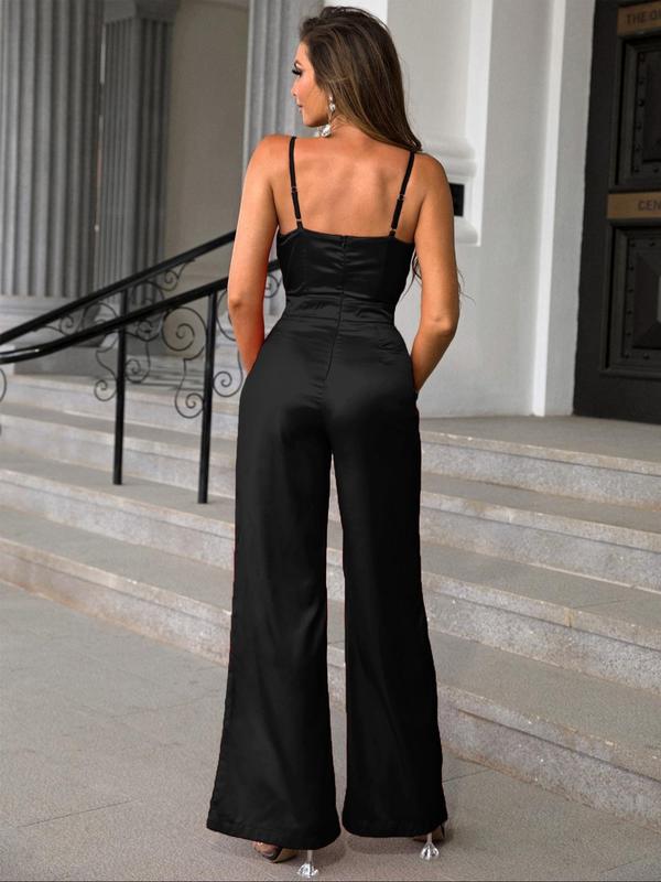 Women's Plain Ruched Backless Wrap Cami Jumpsuit, Elegant Solid Sleeveless High Waist Flare Leg Jumpsuit For Party Vacation, Ladies Summer Clothes Christmas