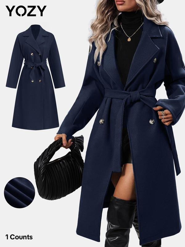 YOZY Black Friday Deals Women's Solid Double Button Belted Overcoat, Casual Jackets, Long Sleeve Lapel Coat for Fall & Winter, Women's Clothing for Daily Wear, Black Friday Haul, Christmas 2024 Trend, Thanksgiving Clothes, Fall Clothes, Winter Clothes