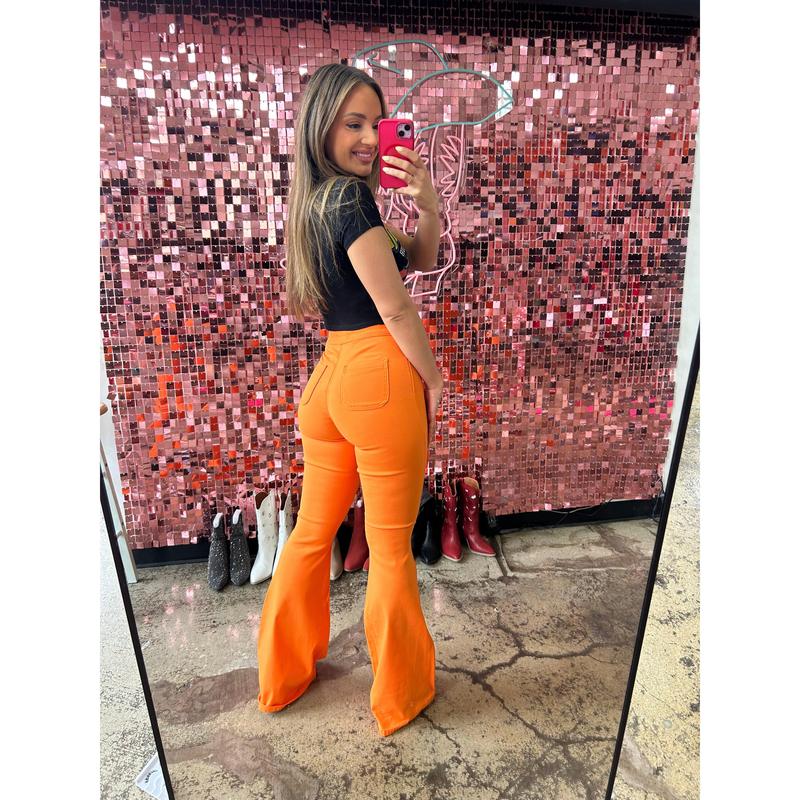 Fiona High Waisted Bell Bottom Flare Jeans - Orange