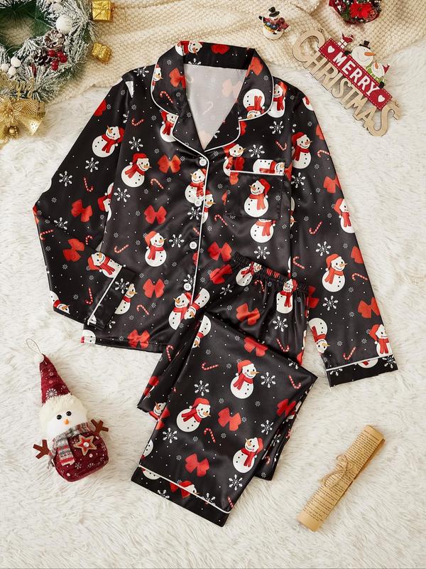 Christmas Two-piece Set Women's All Over Print Button Front Pocket Shirt & Elastic Waist Pants Satin Pyjama, Casual Comfy Long Sleeve Lapel Top & Trousers Pj Set, Ladies Sleepwear for Spring & Fall