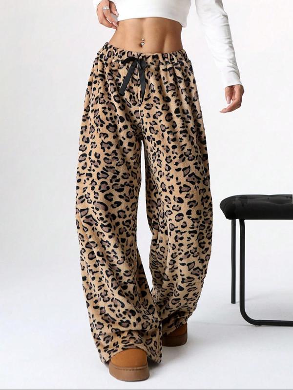 Women's Leopard Print Bow Decor Elastic Waist Wide Leg Pants, Casual Comfy Plush Trousers for Daily Wear, Ladies Bottoms for Fall & Winter