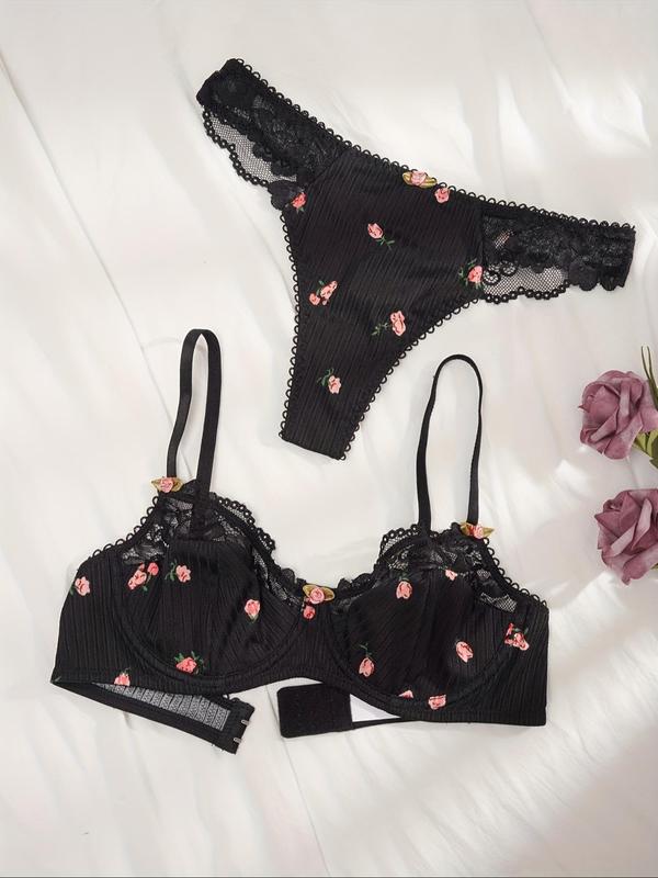 Women's Ditsy Floral Print Contrast Lace Bra & Panty Set, Lady Elegant Soft Comfort Floral Decor Adjustable Spaghetti Strap Bra & Knicker, Summer Wear 2024, Summer Clothes Women, Ladies Lingerie Set, Womenswear Underwear