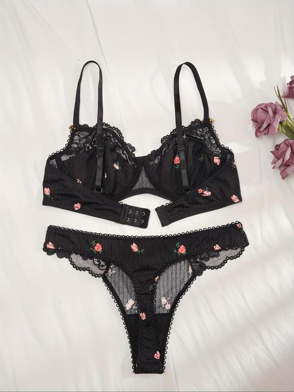 Women's Ditsy Floral Print Contrast Lace Bra & Panty Set, Lady Elegant Soft Comfort Floral Decor Adjustable Spaghetti Strap Bra & Knicker, Summer Wear 2024, Summer Clothes Women, Ladies Lingerie Set, Womenswear Underwear