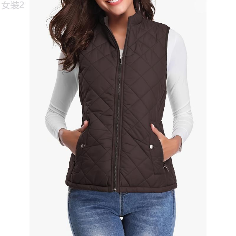 Argyle Pattern Sleeveless Vest - Casual Zip Up Solid Vest - Women's Clothing - Stylish & Comfortable - For Casual Wear - Perfect Gift for Fashionable Women  Collar Fabric Womenswear Polyester  Tops Gamis  Elegant Basic