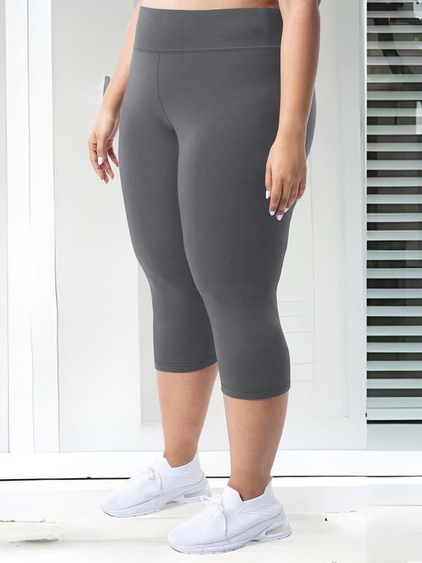 Plus Size Solid High Waist Capris Leggings, Casual Comfy Skinny Pants for Daily Outdoor Wear, Women Plus Clothing for Summer