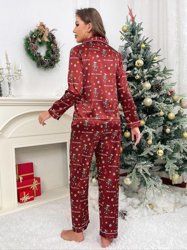 Christmas Two-piece Set Women's All Over Print Button Front Pocket Shirt & Elastic Waist Pants Satin Pyjama, Casual Comfy Long Sleeve Lapel Top & Trousers Pj Set, Ladies Sleepwear for Spring & Fall