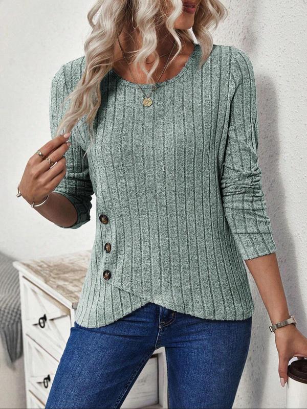 Women's Plain Asymmetrical Hem Button Detail Ribbed Tee, Casual Long Sleeve Round Neck T-shirt for Spring & Fall, Women's Top for Daily Wear