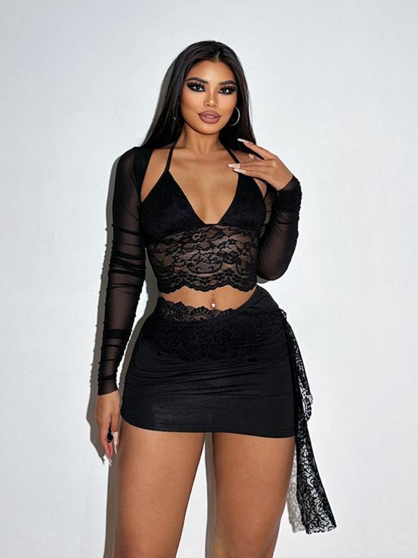 Two-piece Set Women's Contrast Floral Lace Sheer Skirt Two-piece Set, Fall Outfits, Tie Back Crop Top & High Waist Skirt Set, Back To School Fall Outfits, Ladies Summer Clothes for Party Club Dating  Sandalias Romanas Outfits