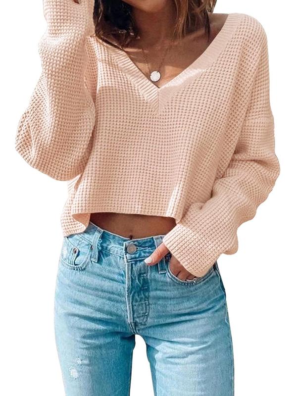 Women's Textured Drop Shoulder Crop Sweater, Trendy Comfy Casual Long Sleeve Deep V Neck Jumper for Fall, Fall Sweaters for Women, Women's 2024 New Autumn Knitwear Top for Daily Wear, Downtown Girl Clothes