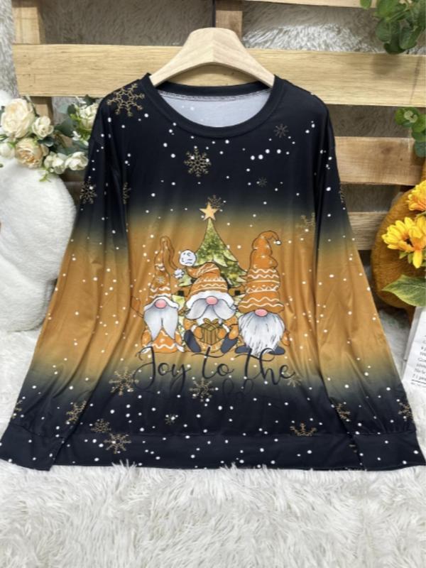  Cartoon Gnome Print Drop Shoulder T-shirt, Casual Long Sleeve Round Neck Top for Daily Wear, Women's Clothing for Fall & Winter