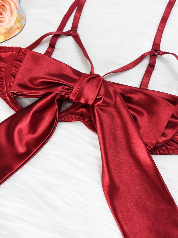 Women's 6pcs Sexy Silk Bow Front Push Up Bra Lingerie Set,Comfortable Underwear, girls conquet te outfit Nightdress Red  Black lingerieset Womenswear Lady sexy Sleepwear Elegance Feminine Basic Minimalist Nightgown Elegant Nightwear Spaghetti Strap