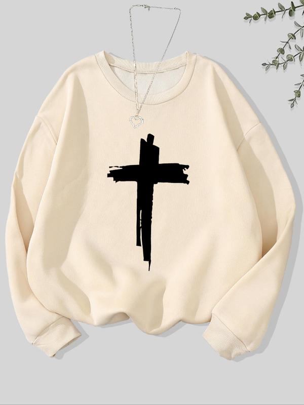 Women's Cross Print Crew Neck Sweatshirt, Casual Long Sleeve Pullover for Fall & Winter, Women's Clothes for Daily Wear